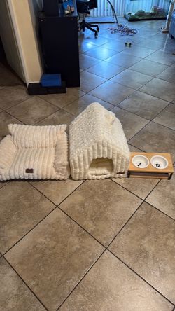 Pet Bed Set with Cave Bed and Feeder