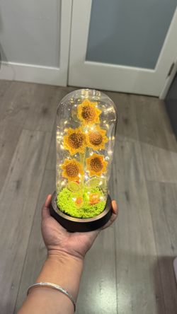 🧶Handmade Crochet Artificial Sunflower Decor Glass Dome LED 