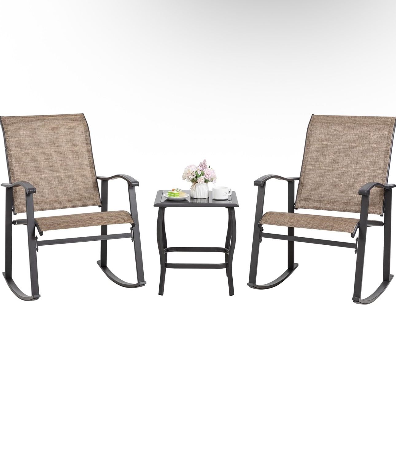 Walsunny 3 Pieces Rocking Bistro Patio Furniture Rocker Set with 2 Outdoor Rocking Chairs and 1 Glass Coffee Table for Porch Deck Lawn,Brown