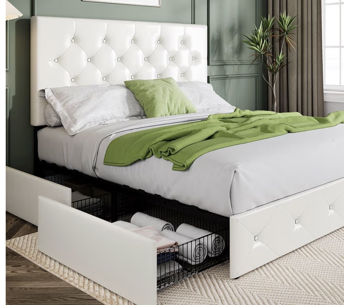 White Leather 4 Drawer Queen Bed Frame