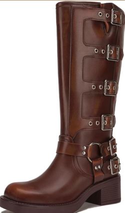  7.5 -  Athlefit Women's Knee High Riding Boots Fashion Buckle Square Toe Chunky Heel Retail $65