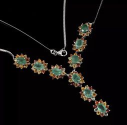 Unheated oval green emerald and multicolor sapphire gemstone necklace 18’