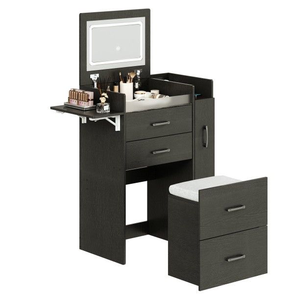 3 in 1 Vanity Desk with Flip Top Mirror and 3 Color LED Lighted, Small Vanity Desk with Power Outlet, Compact Makeup Vanity with 3 Drawers & Cabinet