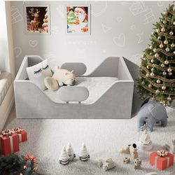 Toddler Bed Frame, Toddler Floor Bed with Removable Safety Rails, Kids Bed for Girl and Boys, Fits Full Size Crib Mattress, Certified Fabric Toddler B