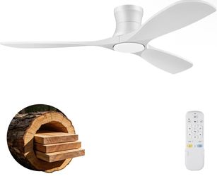 New 52in Ceiling Fan with Light White Solid Wood Blades Dimmable Reversible DC Remote Flush Mount