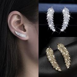 2pc Bundle of Silver & Gold Feather / Leaf Earrings Full of Shiny Crystals E23