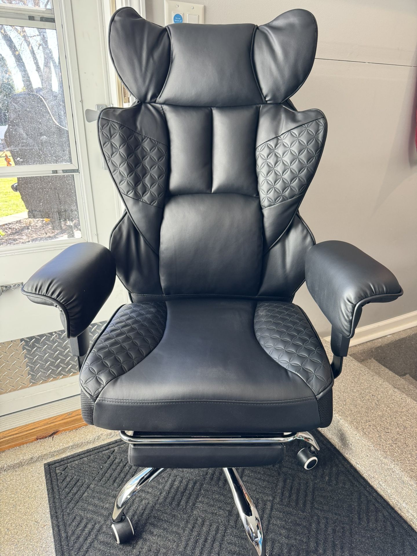 Brand New Black Vegan Leather Tall Back Big & Tall Executive Office Chair w/Slide Out Footrest