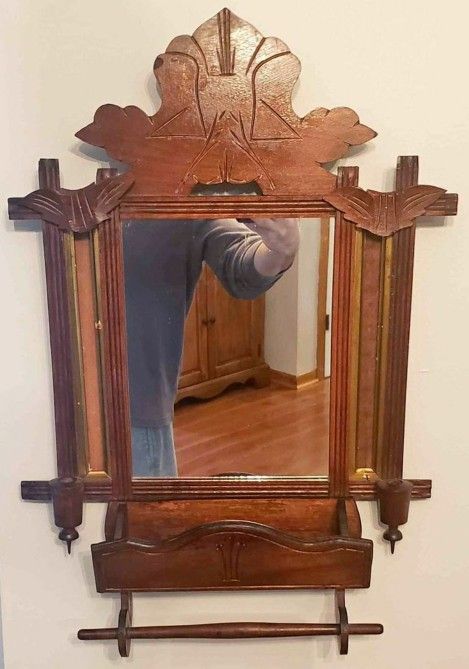 Antique Victorian Shaving Wall hanging mirror with towel bar