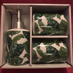 Palm Leaf Ceramic 3 Piece Bathroom Sink Set Pump Cup Toothbrush Holder NEW!