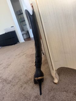 Black Knee-High Stiletto Boot with Gold Hardware