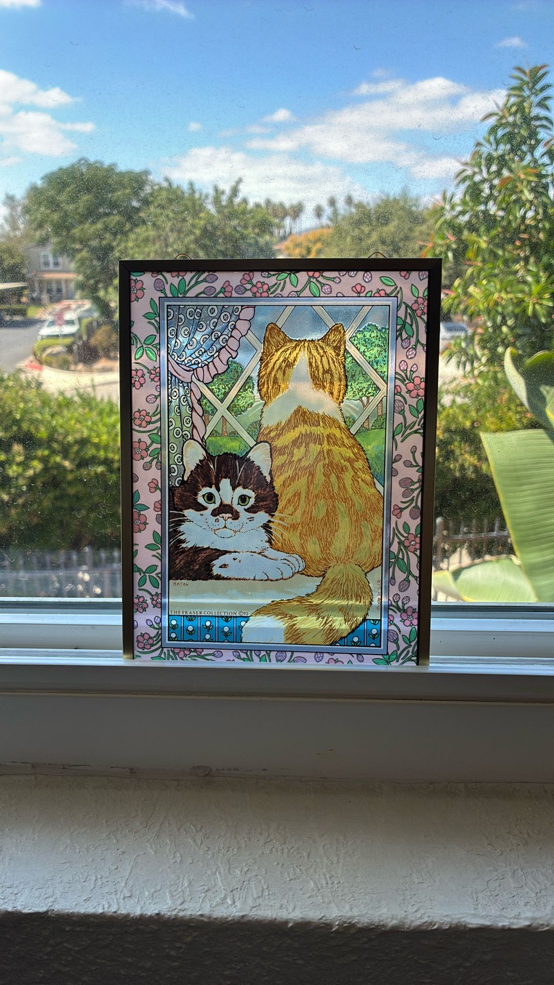 Vintage 90s Cute Cat Kittens Stained Glass Floral Panel Made in USA Cottagecore Grandma Style