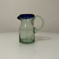 MINI Glass Pitcher Handblown Blue Rim
