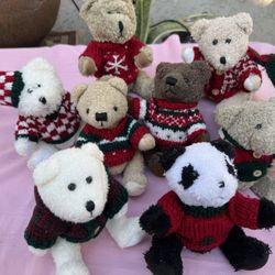 Lot Of 9 Of Hugfun Christmas Teddy Bears 6” Plush With Knit Sweaters