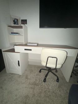 White Office Desk with storage cabinets and drawers