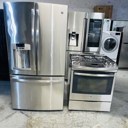 GE refrigerator 36X69X29 and gas stove. Stainless steel. Includes a receipt for a 90-day warranty.