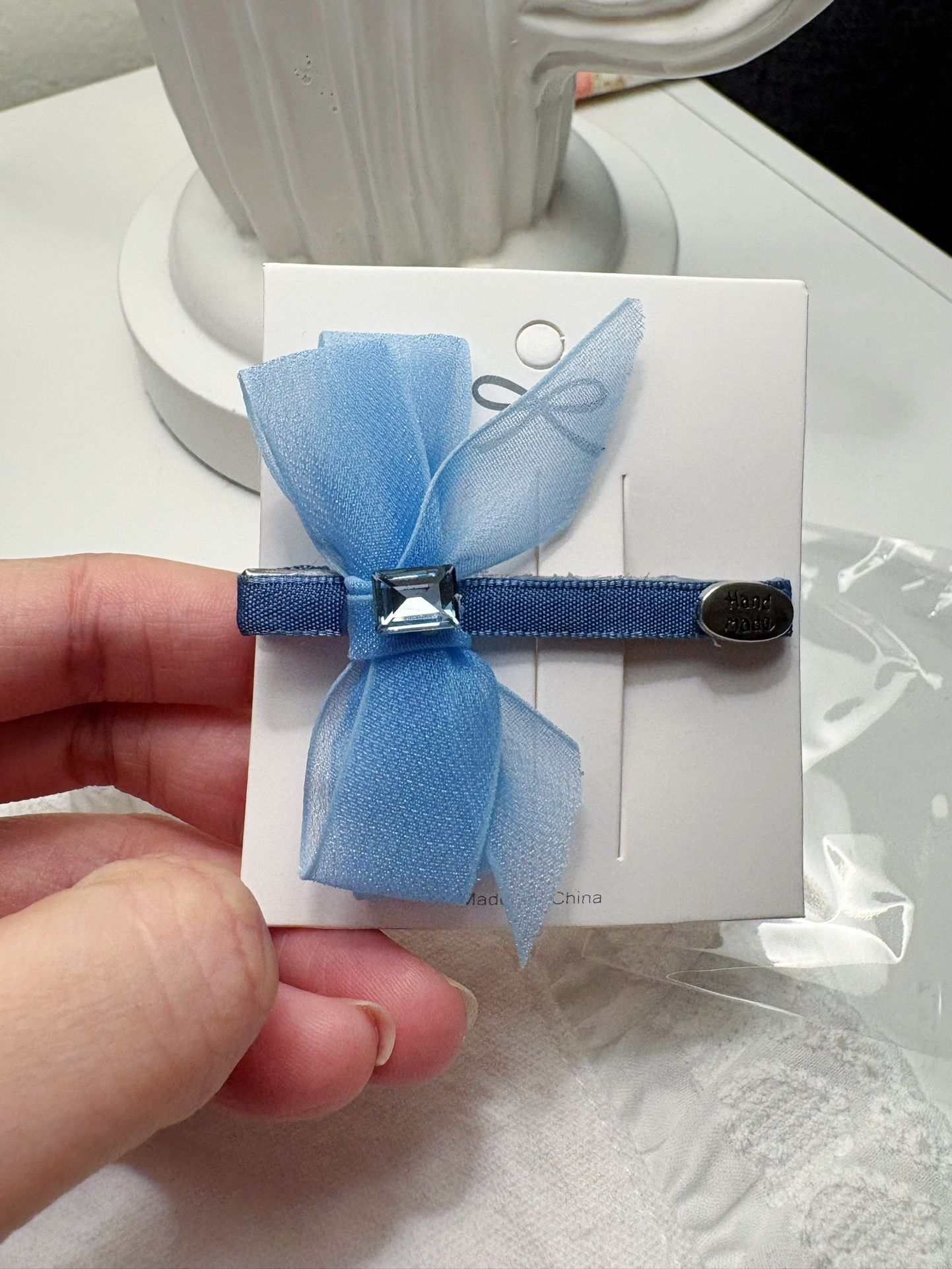 Denim blue ribbon hair clip