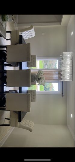 Elegant 7-Piece Dining Table Set – Dark Wood & Cream Tufted Chairs