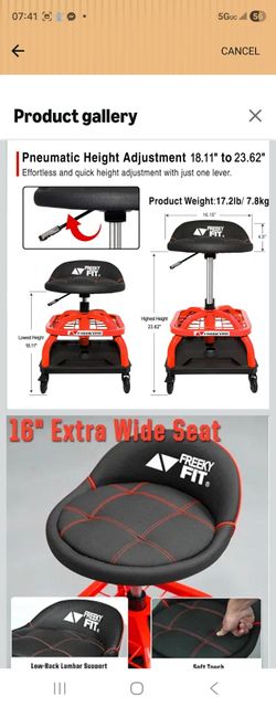 Rolling Shop Stool with Wheels, Garage Work Mechanic Stool with Backrest, Roller Mechanic Chair, Adjustable Height, 360° Swivel, Tool Tray Storage, 33