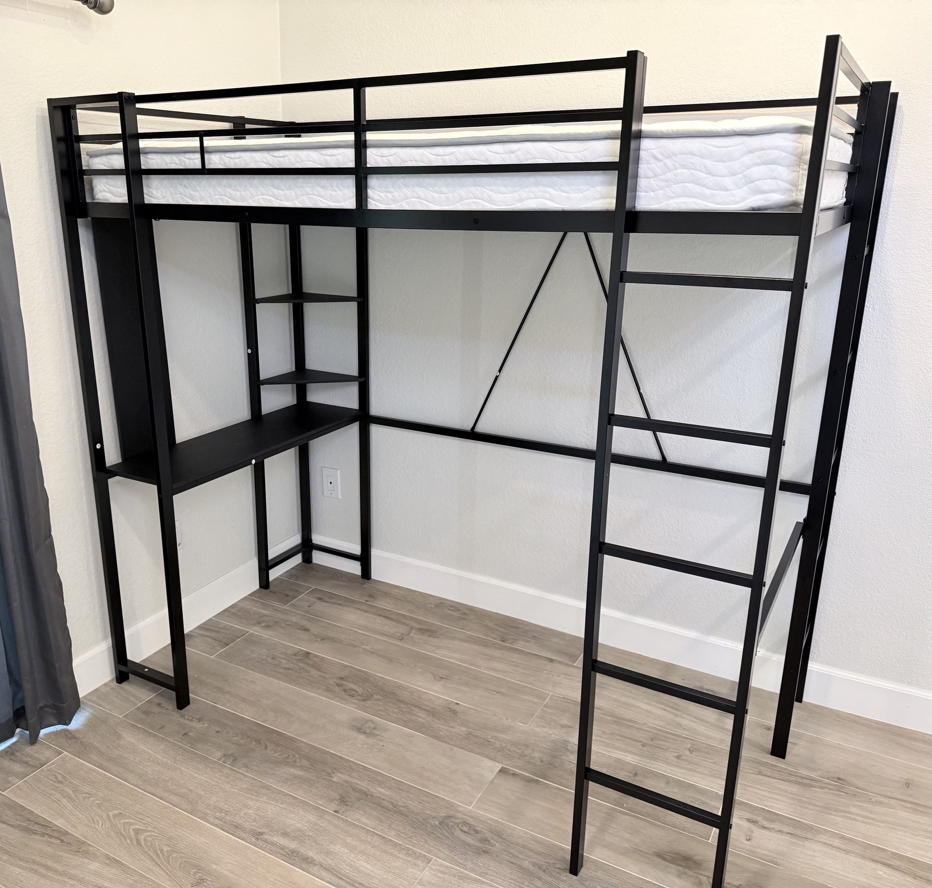 Like New Black Twin Size Metal Loft Bed with Built-in Desk and 2-Shelves, 2-Ladders