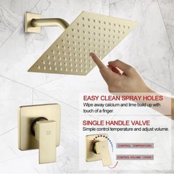 SANITARYWARE Shower Faucet Set Brushed Gold Bathroom Rainfall 8 Inch Shower Head System, Single Handle Shower Trim Kit with Rough-in Valve