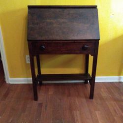 Antique Oak Wood Slant Front Desk with Center Drawer