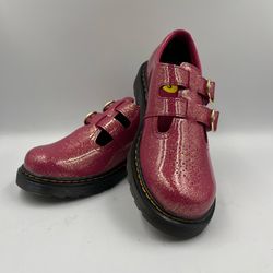 NEW Dr. Martens 8065J Glitter Patent Leather Mary Jane Shoes Women’s  5 Pink Buckle NWT