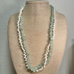 Vintage Pearl and AquaMarine Beads Long Necklace Sterling Silver Clasp