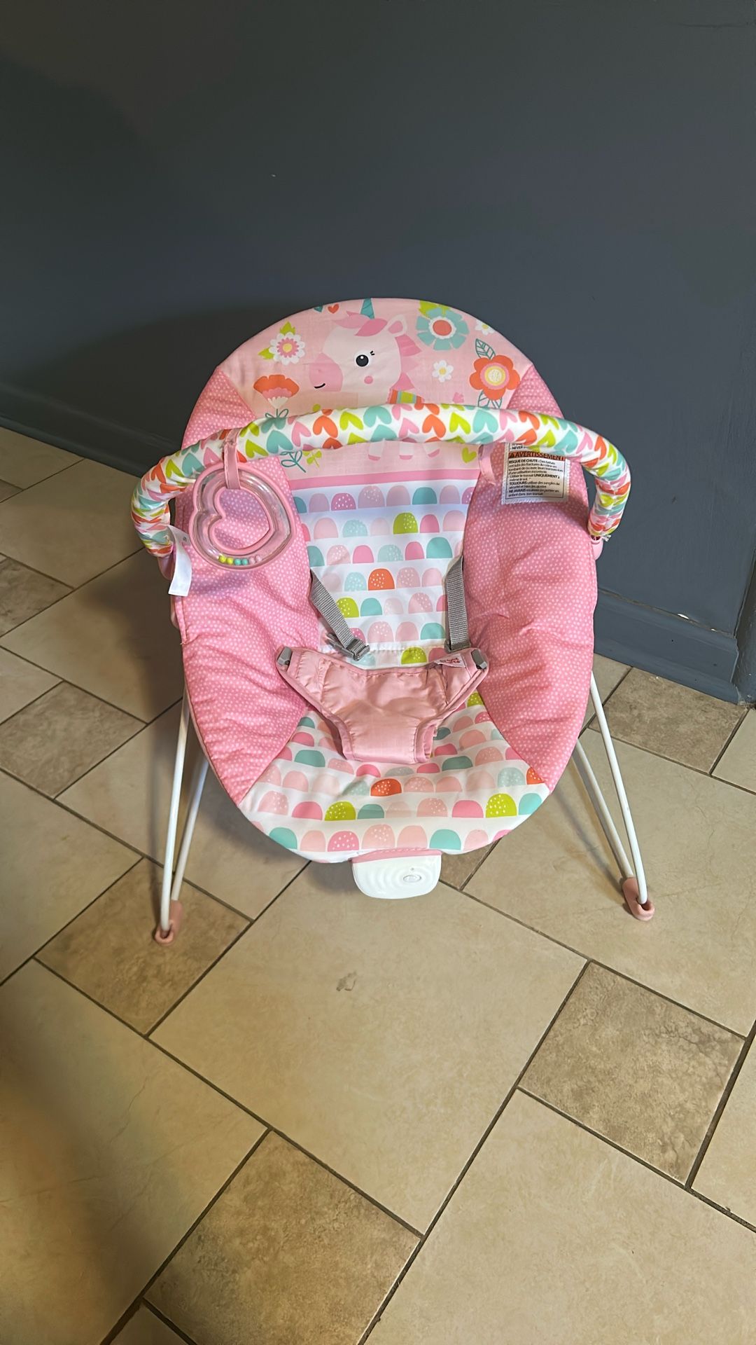 Bright Starts Vibrating Infant Baby Bouncer with Toys, Fantasy Unicorn