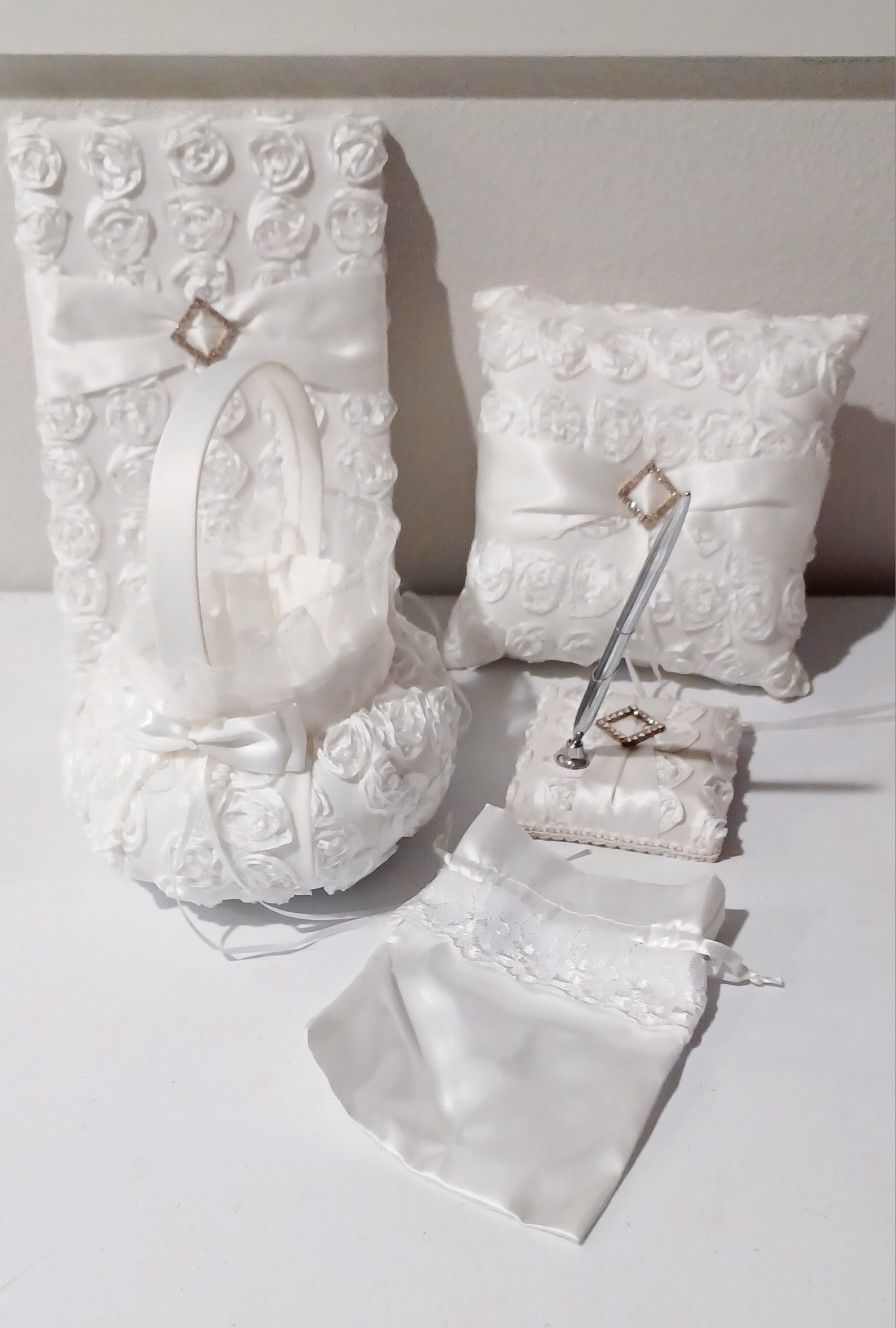 White Satin Rose Wedding Accessory Set