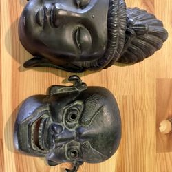 Japanese Cast Iron Mask Set Of 2