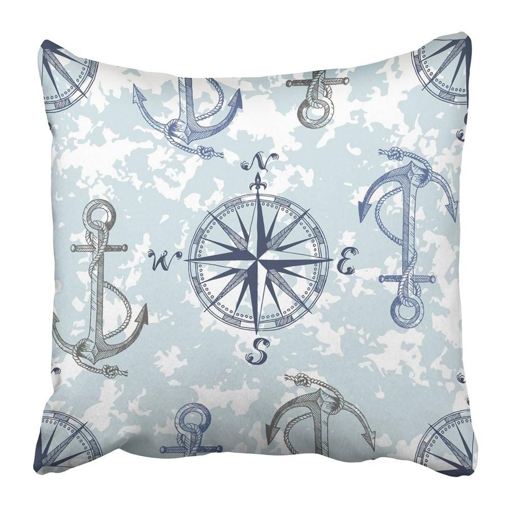 Blue Sea Pattern with Anchors and Compass Perfect and Prints Adventure Antique Aqua Cyan Flag Pillowcase 18x18 inch