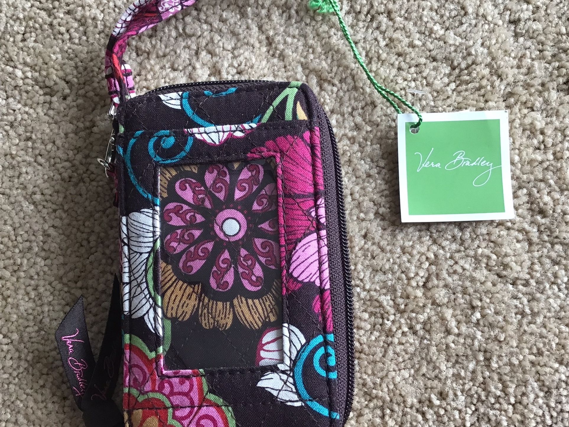NEW VERA BRADLEY ALL IN ONE MOD FLORAL PINK WRISTLET BROWN GREEN FLOWERS RETIRED HOLDS CELL PHONE ID CREDIT CARDS ZIP COIN POCKET