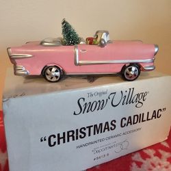 $25.00 - 1991 Department 56, Snow Village Collectible - PINK "Christmas Cadillac" with Christmas Trees & Gifts!  Retired/New In Box!