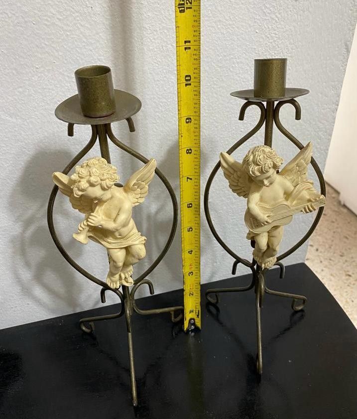 Juego Candelabros Bronce Angeles Antiguos 