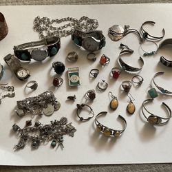 Large lot collection of misc estate jewelry rings watches charm bracelets some sterling 