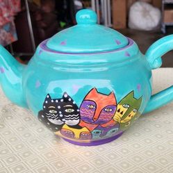 Vintage 1998 Laurel Burch Turquoise & Purple 5 Whimsical Colored Cats Teapot