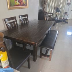 wood dining table with 4 chair and stool + bar