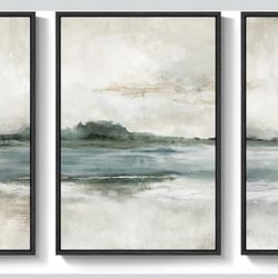 Contemporary Framed Green Lake Abstract Nature Landscape Canvas Wall Art. (Set 3) 24 x 36@
