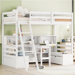 Loft Bed Twin Size with Storage Shelves and 2 Drawers,Loft Bed Frame W/Seat & Desk,for Bedroom,Guest Room,Dorms,Apartment,