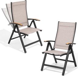 Set of 2 Folding Patio Chairs, Outdoor Recliner Chairs, Brown