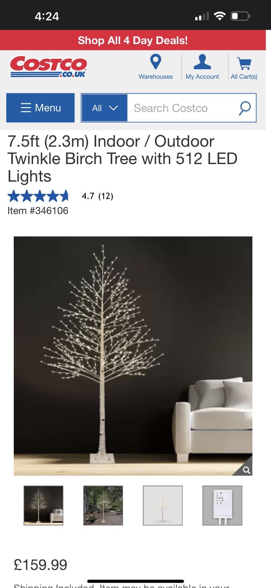 7.5ft (2.3m) Indoor / Outdoor Twinkle Birch Tree with 512 LED Lights