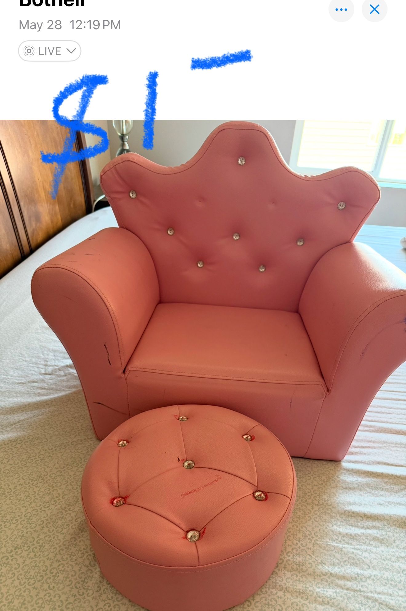 Costzon Kids Sofa, Children Upholstered Sofa with Ottoman, Princess Sofa with Diamond Decoration, Smooth PVC Leather Toddler Chair, Kids Couch for Boy