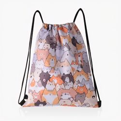 Cartoon Drawstring Bag, Cute Cat Print Drawstring Backpack Waterproof Nylon Gym Sport Traveling Sackpack Cinch for Men Women