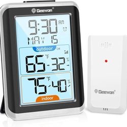 Geevon Wireless Indoor/Outdoor Thermometer & Hygrometer, Digital Temperature & Humidity Sensor with Time, Clock, 200ft/60m Range, 3.8‘’ Large Display