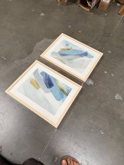 Set of 2 Framed Abstract Watercolor Prints – Blue & Gold Accents