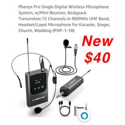 New Phenyx Pro Single Digital Wireless Microphone System, w/Mini Receiver, Bodypack Transmitter,15 Channels in 900MHz UHF Band, Headset/$40