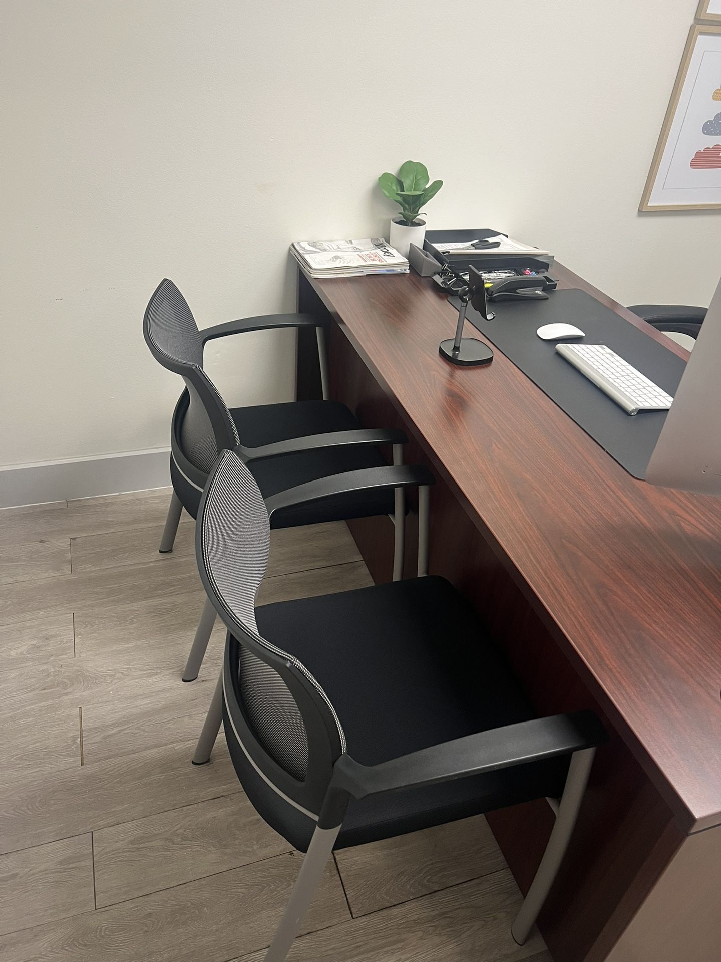 Office Desk with Storage, Apple Desktop, HP Printer & Guest Chairs