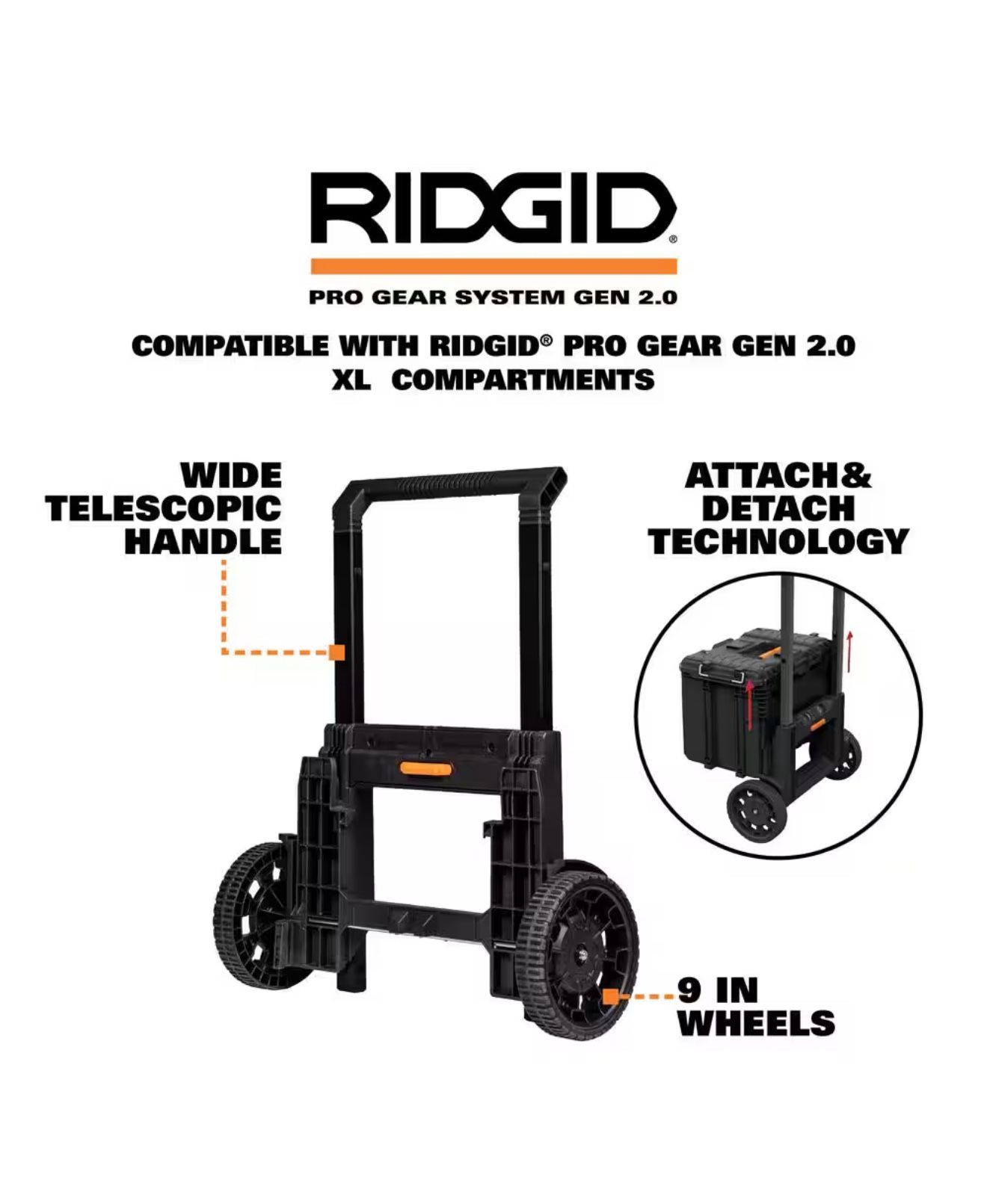 RIDGID Pro Gear System Gen 2.0 Durable All Terrain Rolling Tool Box Attachment With 9 in. Heavy Duty Wheels
