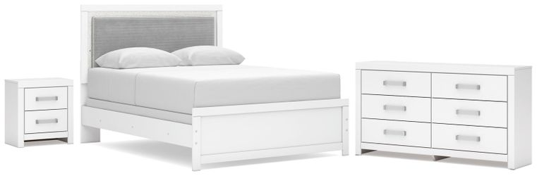 Maeling White Queen Upholstered Panel Bed, Dresser and Nightstand (Online Special Price)
