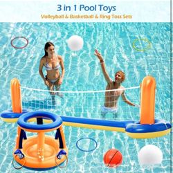 Brand New       Jasonwell Pool Toys Games Set - 3 in 1 Pool Volleyball Net Basketball Hoop Ring Toss Game Inflatable Floats Water Floating Volleyball 
